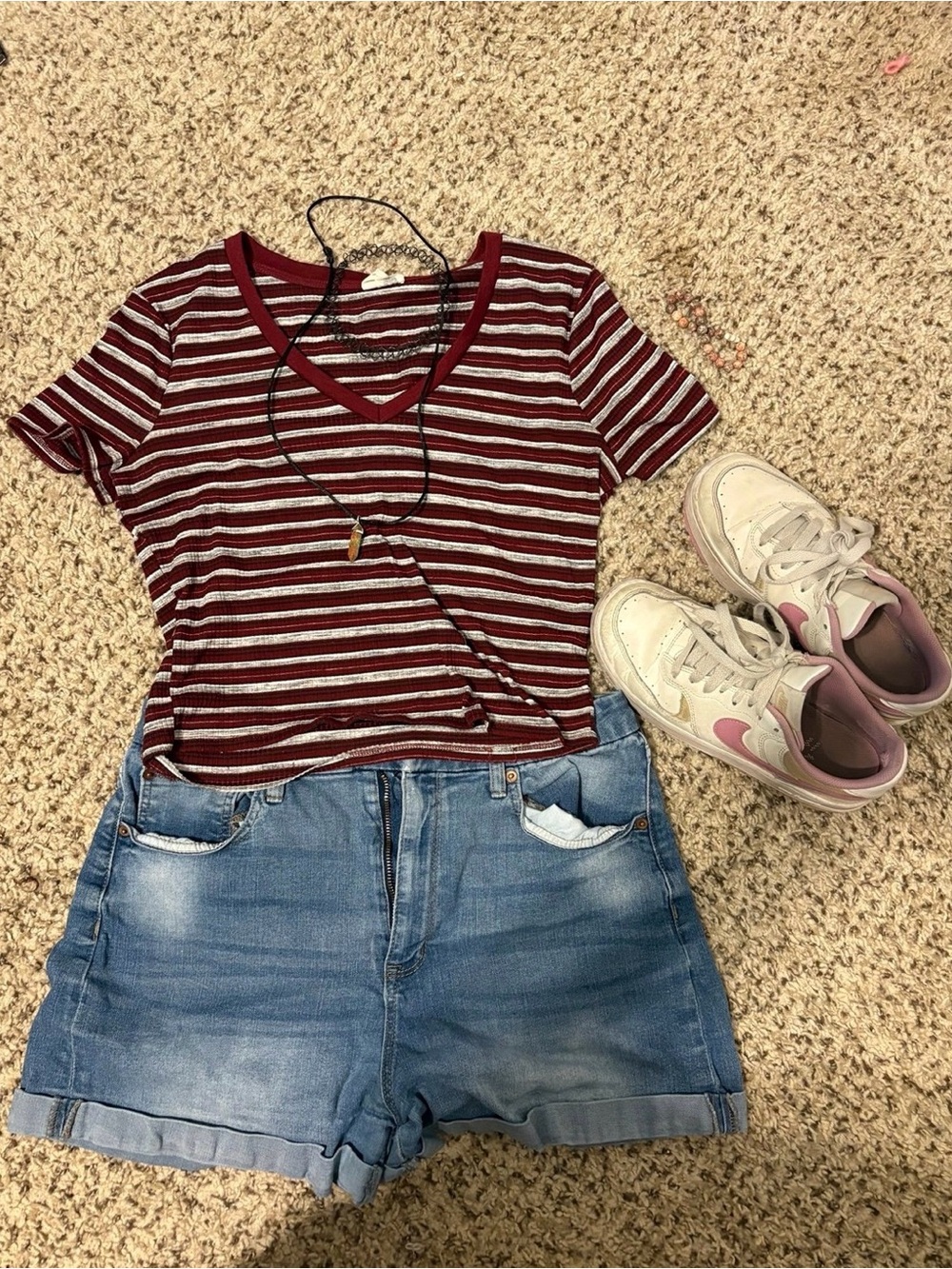 Sky and Sparrow Burgundy and White Striped V-Neck Crop Top